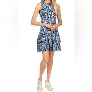 Micheal Kors Women’s Blue Leopard Ruffled Flounce Sleeveless Dress